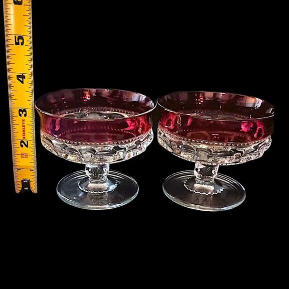 2 Kings Crown Thumbprint Sherbet Dishes Dish Set Ruby Red Flash Indiana Glass - Picture 2 of 16